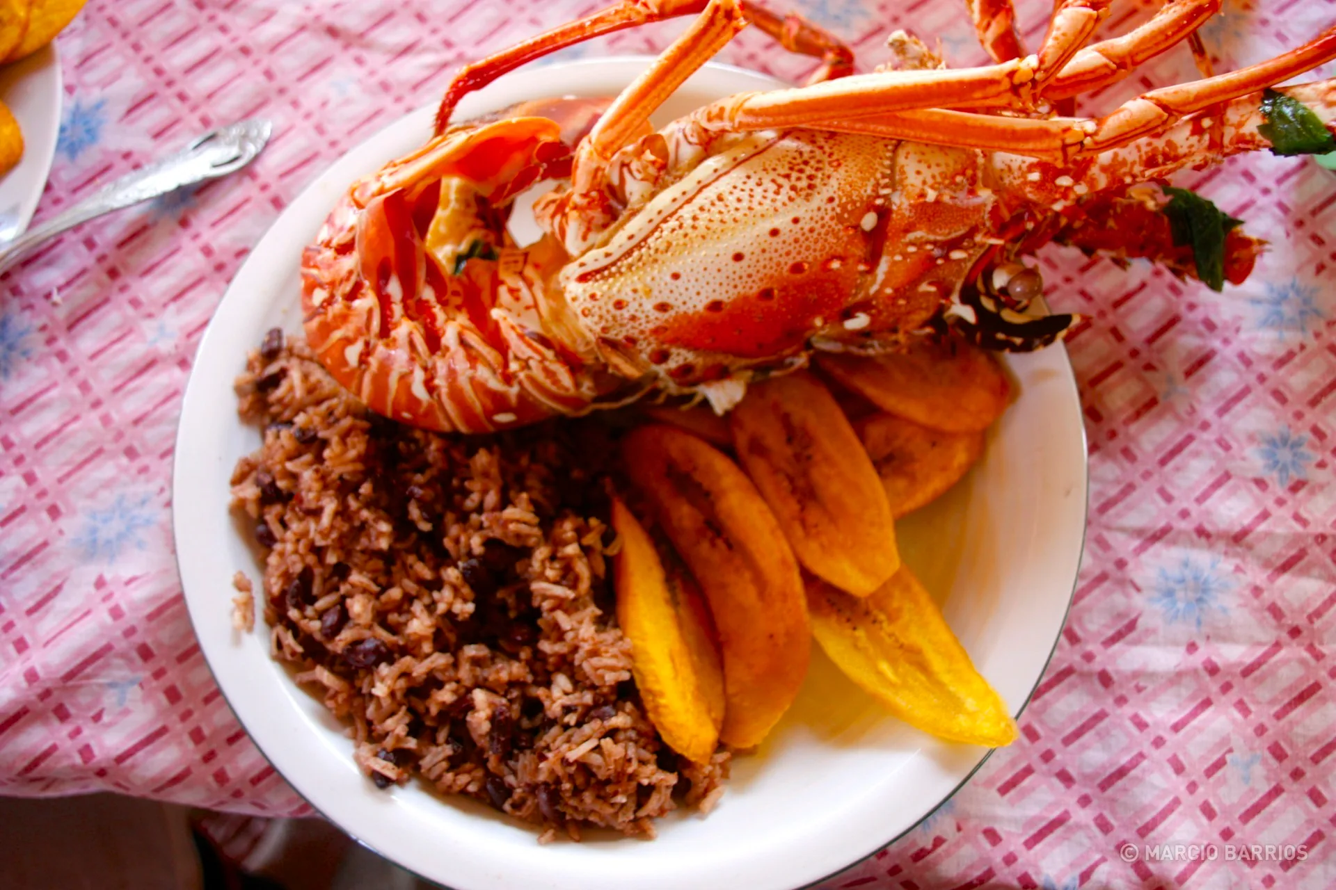 A fresh lobster with red beans and rice, and tajadas A fresh lobster with red beans and rice, and tajadas